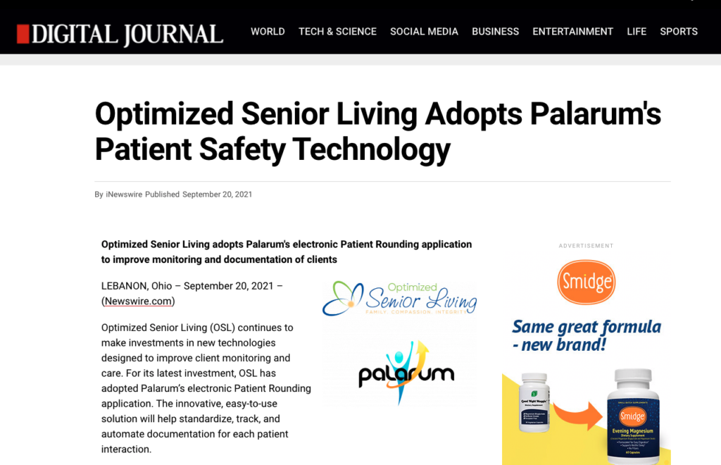 Optimized Senior Living Adopts Palarum's Patient Safety Technology